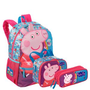Kit Mochila Grande mais Lancheira Pequena e Estojo 2 Compartimentos Peppa M Plus Core - Colorido
