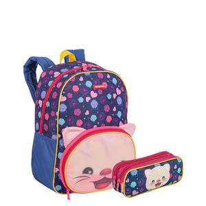 Kit Mochila Média e Estojo 2 Compartimentos Sestini Kids X Cat 3 - Colorido