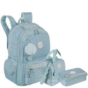 Kit  Mochila 2 Compartimentos mais Lancheira 2 Compartimentos e Estojo Box Especial Paul Frank Styles - Turquesa
