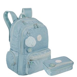 Kit  Mochila 2 Compartimentos e Estojo Box Especial Paul Frank Styles - Turquesa