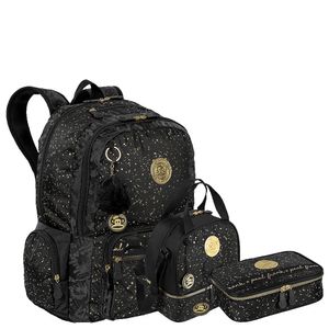 Kit  Mochila 2 Compartimentos mais Lancheira 2 Compartimentos e Estojo Box Especial Paul Frank Styles - Preto com Amarelo