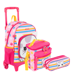 Kit  Mochilete Média mais Lancheira Especial e Estojo 2 Compartimentos Sestini Kids X Cat 4 - Colorido