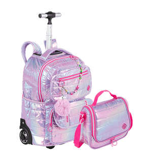 Kit  Mochila Carrinho Grande e Lancheira Grande Sestini Wonder Lilás - Metálico