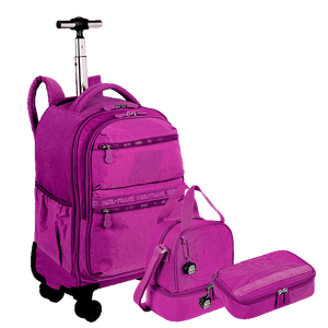 Kit  Mochila Carrinho 4 Rodas mais Lancheira 2 Compartimentos e Estojo Box Especial Paul Frank T03 Roxo - Orquídea