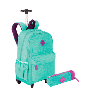 Kit  Mochila Carrinho Externo Sestini Rolling e Estojo com Bolso Azul - Turquesa