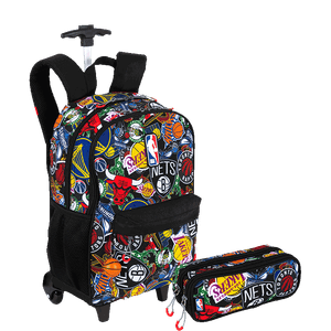Kit  Mochila Carrinho e Estojo 2 Compartimentos Nba Begins - Preto