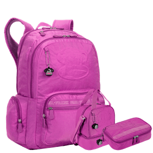 Kit  Mochila Grande 2 Compartimentos mais Lancheira 2 Compartimentos e Estojo Box Especial Paul Frank T03 Roxo - Orquídea
