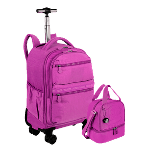 Kit  Mochila Carrinho 4 Rodas e Lancheira 2 Compartimentos Paul Frank T03 Roxo - Orquídea