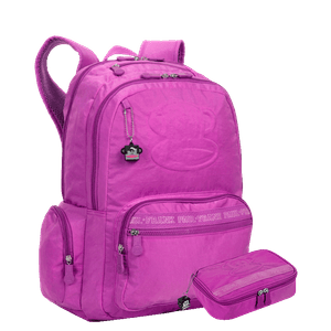 Kit  Mochila Grande 2 Compartimentos e Estojo Box Especial Paul Frank T03 - Orquídea