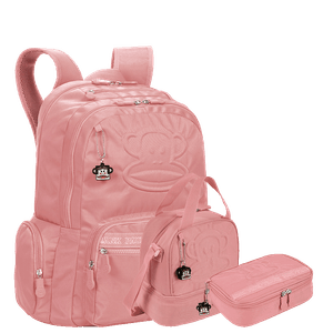 Kit  Mochila Grande 2 Compartimentos mais Lancheira 2 Compartimentos e Estojo Box Especial Paul Frank T03 - Rosa Claro