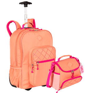 Kit  Mochila Carrinho 2 Compartimentos e Lancheira com Bolso Frontal Sestini Lover - Coral
