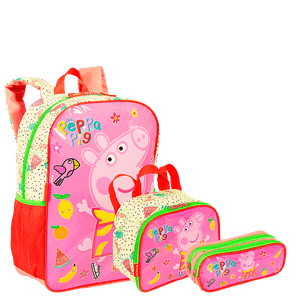 Kit  Mochila Grande mais Lancheira Pequena e Estojo 2 Compartimentos Peppa M Fruits - Colorido