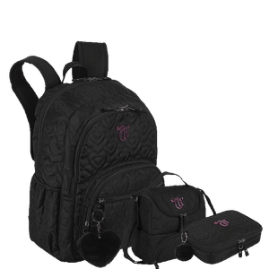 Kit  Mochila Grande 2 Compartimentos mais Lancheira 2 Compartimentos Abertura em U e Estojo Box Especial Capricho Crush - Preto