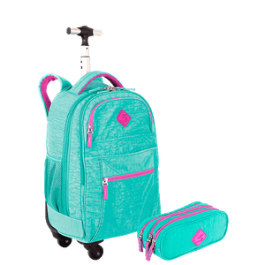 Kit  Mochila Carrinho 4 Rodas Sestini Rolling e Estojo 3 Compartimentos Azul - Turquesa