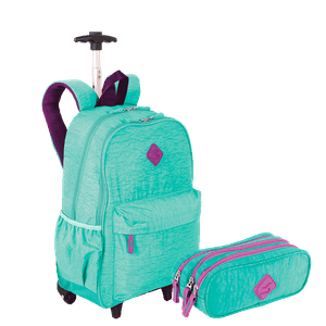 Kit  Mochila Carrinho Externo Sestini Rolling e Estojo 3 Compartimentos Azul - Turquesa