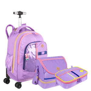 Kit Mochila Carrinho 4 Rodas Duplas, Lancheira 2 Compartimentos e Estojo Box Sestini Studio - Lilás