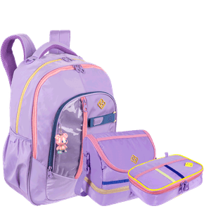 Kit Mochila Grande 2 Compartimentos, Lancheira 2 Compartimentos e Estojo Box Sestini Studio - Lilás