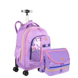 Kit Mochila Carrinho 4 Rodas Duplas e Lancheira 2 Compartimentos Sestini Studio- Lilás